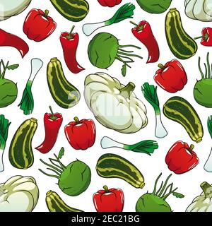 Farbenfrohe nahtlose Muster mit süßen roten Paprika, gestreiften grünen Zucchinis, scharfen roten Chilischoten, knackigen Kohlrabies, frischem Lauch und Pattypan sq Stock Vektor