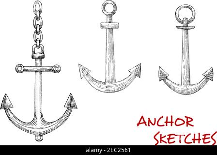 Navy heraldische Retro-Skizzen von Admiralty Marine Anker mit Ketten befestigt. Kann als maritimes Maskottchen, Marinesymbol oder Marine Sport Design verwendet werden Stock Vektor