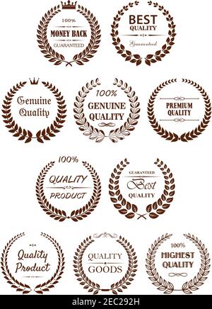Retro Lorbeerkränze braune Abzeichen für Retail Promotion Design mit Premium-Qualität garantiert Bildunterschriften, geschmückt von Kronen, Sternen und Vignette decorati Stock Vektor