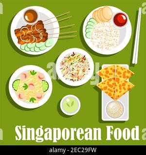 Singapurische Ikone der nationalen Küche mit Roti prata Brot mit Tartarsauce, gegrilltem Rindersatay, serviert mit Erdnusssauce und Gurken, Gemüsesalat Stock Vektor