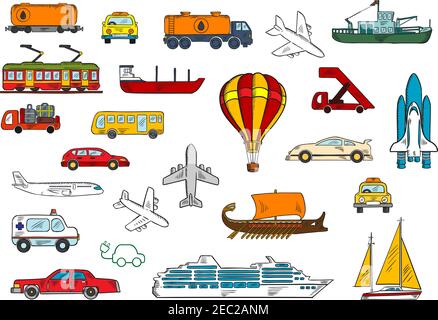 Farbige Skizzen verschiedener Verkehrsmittel mit Autos und Taxi, Flugzeugen, Krankenwagen, Bus, Fischerboot und Yacht, Eisenbahntankwagen und Tankwagen Stock Vektor