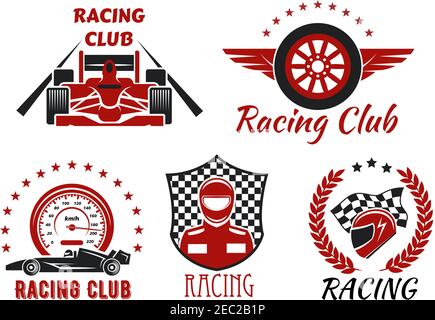 Racing Club und Motorsport-Wettbewerbe Symbole mit offenen Rad Rennwagen, Racer, Schutzhelm und Flügelrad, eingerahmt von Tachometer, Rennen Stock Vektor