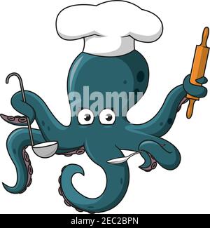 Cute Cartoon blau Krake Koch in weiß Koch Hut Charakter mit Löffel, Schöpfkelle und Holz-Nudelholz in wirbelnden Tentakeln. Toll für Kinder buchen und Stock Vektor
