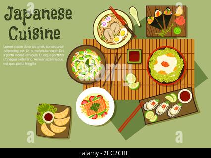 Erfrischende orientalische Gerichte der japanischen Küche Ikone mit Temaki Sushi, Edamame Reis mit Bohnen und rotem Kaviar, udon-Suppe, gebratene Knödel, Avocado, gr Stock Vektor