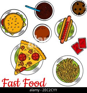 Skizzierte vegetarische Pizza, gekrönt mit Pilzen und Tomaten, serviert mit Hot Dog, Cheeseburger mit frischem Gemüse auf Sesambrötchen, pommes frites wit Stock Vektor