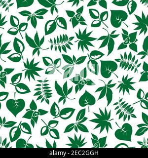 Dunkelgrünes Laub nahtloser Hintergrund für Natur-Thema, Retro-Tapete oder Stoff-Design mit Cartoon-Muster von verschiedenen Blattzweigen Stock Vektor