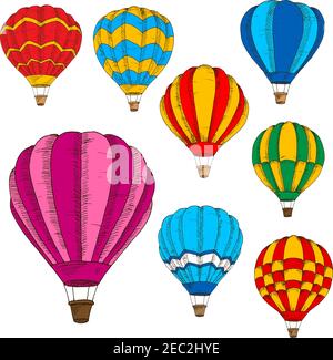 Moderne Heißluftballons Gravur Skizzen für Reisen, Tourismus und Nacht Glow Festival Design Verwendung mit hellen bunten Ballons schwebend in der Luft Stock Vektor