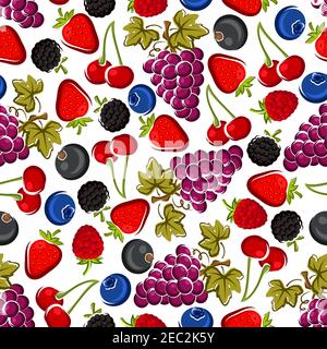 Saftige rote Kirschen, Erdbeeren und Himbeeren, Brombeeren und Trauben von lila Trauben mit Blättern, Blaubeeren und Johannisbeeren Früchte nahtlos Stock Vektor
