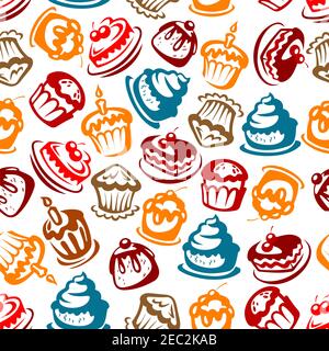 Bunte nahtlose Geburtstagstorten Muster für Feier-Party und festliche Kulisse Design mit hellen Skizzen von Kuchen, Cupcakes, Beerenpasteten und muf Stock Vektor