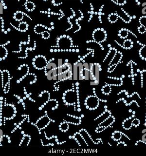 Glänzende Diamant Tierkreiszeichen nahtloses Muster mit blauen Brillanten auf schwarzem Hintergrund in astrologische Symbole von waage, Krebs, wassermann angeordnet Stock Vektor