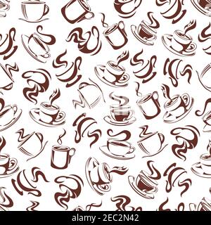 Braune Skizze nahtlose Kaffee und Tee Getränke Muster von dampfenden Porzellan Tassen mit Espresso und Cappuccino, Keramik Tassen mit schwarzem und Kräutertee Stock Vektor