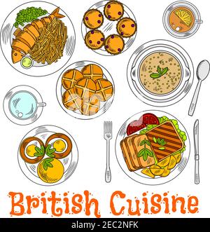 Englisches sonntagsabendessen mit traditionellem Roastbeef und Kartoffeln, Fisch und Chips, Muffin-Ei-Sandwiches und grüner Erbsensuppe, dazu Tassen Tee Stock Vektor