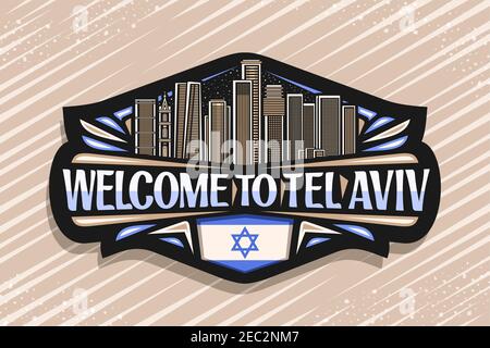 Vektor-Logo für Tel Aviv, schwarz dekoratives Abzeichen mit Abbildung der berühmten Stadtlandschaft auf Dämmerung Himmel Hintergrund, Kunst-Design Tourist Kühlschrank Magnet mit Stock Vektor