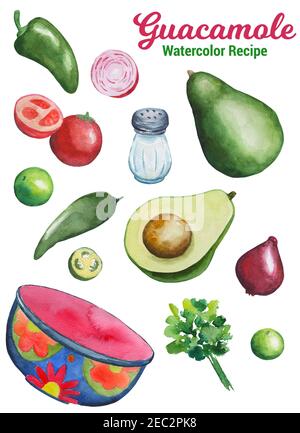 Guacamole Zutaten handgezeichnete Illustration. Gemüse und Geschirr durch Aquarell isoliert auf weißem Hintergrund. Traditionelles mexikanisches Essen. Sommer Stockfoto