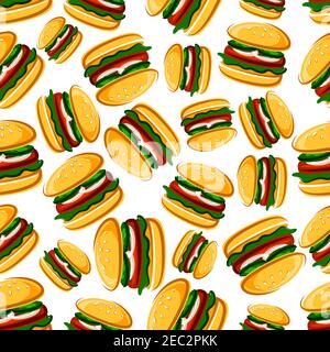 Steak Burger mit frischem Gemüse Hintergrund für Fast-Food-Design Mit nahtlosem Cartoon-Muster von Burger Sandwiches mit gegrilltem Rindfleisch Steaks auf Whe Stock Vektor