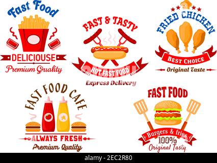 Fast-Food-Café und Grill-Restaurant Symbole mit hellen Cartoon Burger, Pommes zum Mitnehmen mit Sauce Tassen, gegrillte Hot Dog und gebratene Hähnchenbeine w Stock Vektor