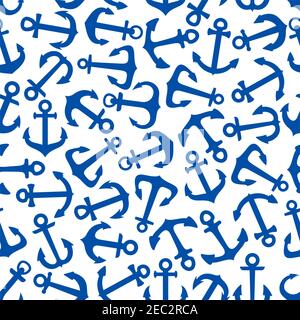Romantisches Meeresmuster mit dekorativen nahtlosen blauen Ornament von Vintage-Segelboot Anker Silhouetten auf weißem Hintergrund. Marine Themen Design elemen Stock Vektor