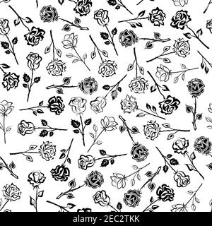 Blühende Rosen schwarz und weiß floral nahtlose Muster Hintergrund mit Silhouetten von Stielen mit üppigen Blumen und Blättern. Kann als Stoffdruck verwendet werden Stock Vektor
