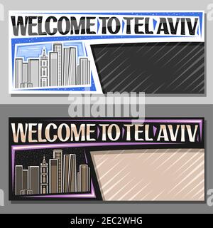 Vektor-Layouts für Tel Aviv mit Kopierraum, dekorativen Gutschein mit Umriss Illustration der berühmten Stadtlandschaft am Tag und Abenddämmerung Himmel Hintergrund, Art des Stock Vektor