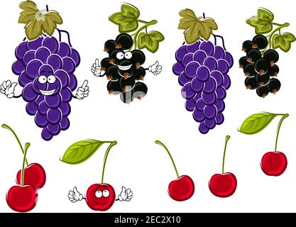 Rebe von köstlichen violetten Trauben, reifen süßen Kirschen und gesunde schwarze Johannisbeeren Früchte Cartoon-Figuren mit grünen Blättern und lustige Gesichter. Verwenden als Stock Vektor