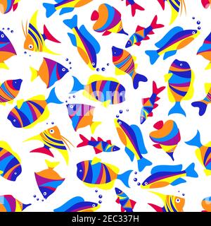 Helles, nahtloses tropisches Meeresmuster von schwimmenden exotischen Fischen mit bunt gestreiften Körpern, Schwänzen und Flossen auf weißem Hintergrund. Toll für Freunde Stock Vektor