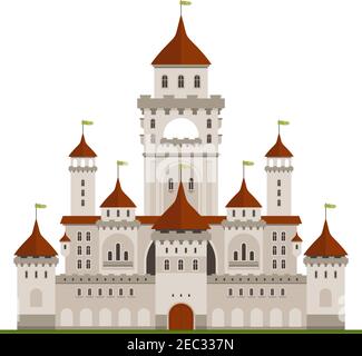 Königliche Residenz Symbol der grauen Steinburg mit Wachmauern und Hauptpalast mit Türmen, gewölbten Terrassen und konischen Türmchen mit grünen Fahnen. Stock Vektor