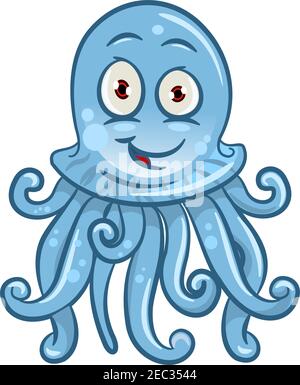 Cute Cartoon Qualle Charakter mit blauen transparenten Körper und lächelndes Gesicht. Kann als Zooaquarium Symbol oder Unterwasser Tier Helden Design verwendet werden Stock Vektor
