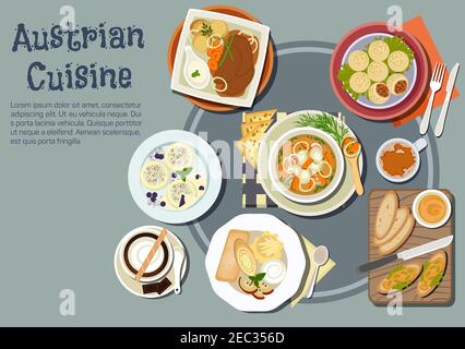 Nahrhaftes österreichisches Abendessen und wiener Desserts Ikone mit offenen Sandwiches gekrönt mit Liptauer Aufstrich, Gulasch und Schweineknödel, gebackenem Schweinefleisch mit bo Stock Vektor