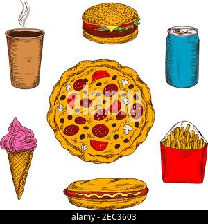 Pepperoni Pizza Ikone mit Pilzen, Tomaten und Oliven Belag umgeben von Fast-Food-Cheeseburger und Hot Dog, Take-away-Kaffee und pommes frites, s Stock Vektor