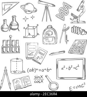 Bildung und Wissen themed Skizze Symbole der Tafel mit Formeln, Bücher und Notizbücher, Stift und Lineal, Rechner, Mikroskop und Teleskop, l Stock Vektor