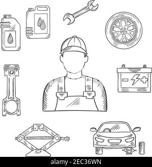 Professionelle Auto-Mechaniker Skizze Symbol für Auto-Service