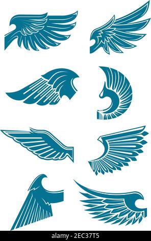 Blaue Flügel heraldische Symbole für Tattoo, T-Shirt-Print oder Emblem-Design mit Engel oder Vogel Flügel mit langen und steifen Flugfedern und gebogene Schulter Stock Vektor