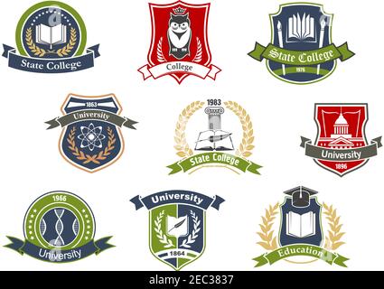 Bildungssymbole für die Gestaltung von Universitäten und Hochschulen mit Büchern und Stiften, Abschlusskappe und Eule, Atom und DNA auf heraldischen Schilden, eingerahmt von lau Stock Vektor