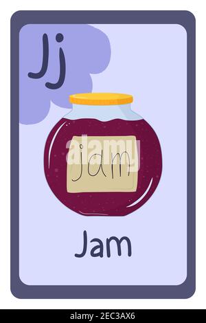 ABC Lebensmittel Bildung Flash-Karte, Buchstabe J - Marmelade. Cartoon Design Vorlage mit bunten Alphabet Bildung Karte. Kollektion auf violettem Hintergrund. Stock Vektor