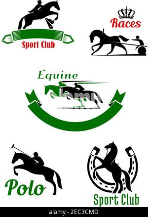 Reiten Sport Symbole mit schwarzen und grünen Silhouetten des Laufens, Springen und Aufzucht Pferde mit Reitern und zwei Rädern Wagen von h dekoriert Stock Vektor