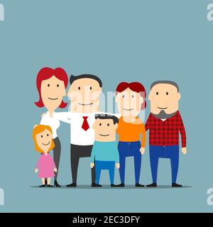 Porträt der Cartoon-Großfamilie mit glücklich lächelnden Vater und Mutter, nette Tochter, Sohn und Großeltern. Toll für Familien, Elternschaft und Marria Stock Vektor