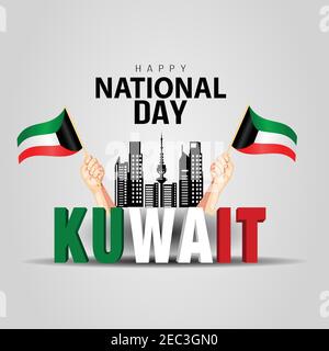 25th. Februar glücklicher Nationalfeiertag Kuwait. Hände halten Kuwait Flagge. 3D Buchstaben Vektor Illustration Design isoliert Stadt Hintergrund Stock Vektor