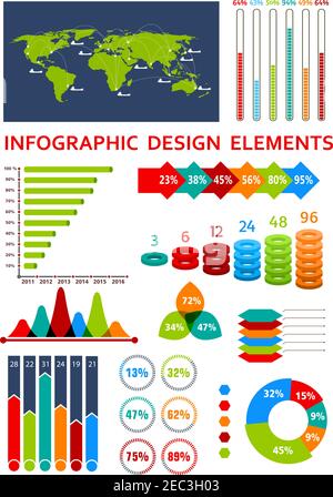 Bunte Infografik-Symbole mit Schifffahrtsrouten und Schiffssymbolen, Schrittdiagramme mit Kreisen und Pfeilen, Balkendiagramme und Histogrammen, Blütenblatt und Kuchenschar Stock Vektor