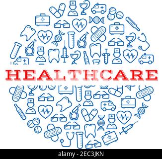 Composite Silhouette einer runden Pille mit blauen Ikonen von Spritzen, Pillen und Kapseln, Mikroskope, Stethoskope und Thermometer, Krankenwagen, Zähne und Stock Vektor