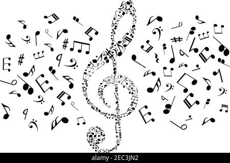Fließende Musiknoten zu einem Höhenschlüssel-Symbol für Musik und Kunst-Konzeptdesign mit schwarzen Silhouetten von Noten und Ruhepausen, Bassschlüsseln und chor arrangiert Stock Vektor