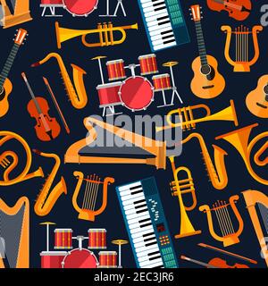 Saite und Percussion, Bläser und Keyboard nahtlos flache Musikinstrumente Muster mit Saxophonen, Trompeten und Hörnern, Schlagzeug, Gitarren und Geigen, h Stock Vektor