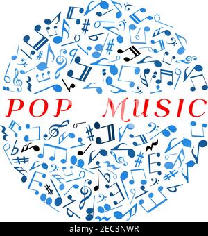 Pop-Musik-Konzept-Symbol mit Noten und Höhen-Schlüssel, Tonarten Signaturen und Pausen, Bass-Schlüssel und Akkorde blaue Symbole in Disco-Ball angeordnet. Verwenden Stock Vektor