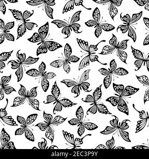 Dekorative fliegende Schmetterlinge Nahtloses Muster mit durchbrochenen schwarzen Silhouetten von Monarch und Schwalbenschwanzschmetterlinge zufällig über weißen BA verstreut Stock Vektor