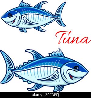 Cartoon atlantic Blauflossen Thunfisch Charaktere. Für Aquarium Zoo oder Sportfischen Maskottchen Design mit großen lächelnden Tuniken Fische mit silbrig blauen Skala Stock Vektor