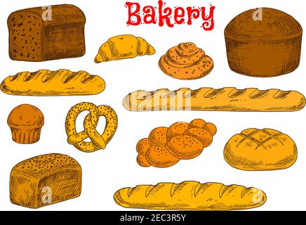 Frisch gebackenes Brot aus Roggen, Vollkorn und Weißmehl skizzieren Ikonen mit französischen Baguettes und langen Broten, Croissant, Zimtschnecken und Cupcake, BH Stock Vektor