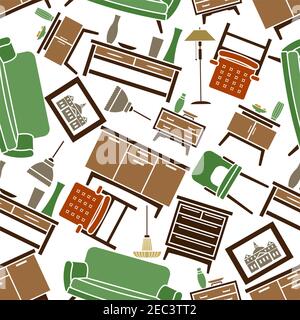 Nahtlose grün und braun weich und Schrankmöbel mit Accessoires Muster Hintergrund für Home Interior Design mit Sofas und Sesseln, Truhen d Stock Vektor