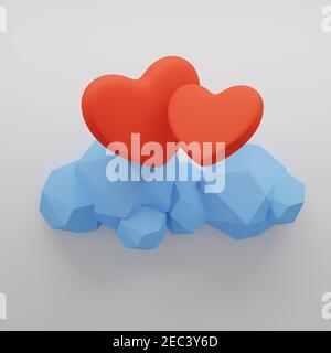 Zwei Herzen auf der Wolke. Konzept. 3D Abbildung, 3D Rendering. Stockfoto