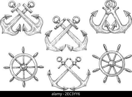 Retro nautische Symbole der skizzierten Segelschiffe helms und gekreuzten Admiralität Anker. Verwendung als Marine Club Abzeichen oder Marine Wappentier Design Stock Vektor