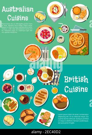 Britische und australische Fleischpasteten mit englischem Frühstück und Kabeljau-Roe-Sandwich, Würstchen, Hamburger und Pommes Frites, Rindfleisch in Backkruste und Müllcontainer Stock Vektor