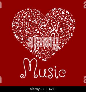 Musikalische Noten und verschiedene Marken in leuchtend rot liebevoll angeordnet Herz-Symbol für ich liebe Musik oder valentine-Karte Konzept Design mit weißen Silhouetten von Stock Vektor